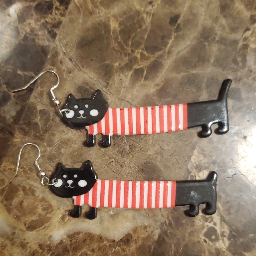 Cat Shaped Earrings with Red Stripes